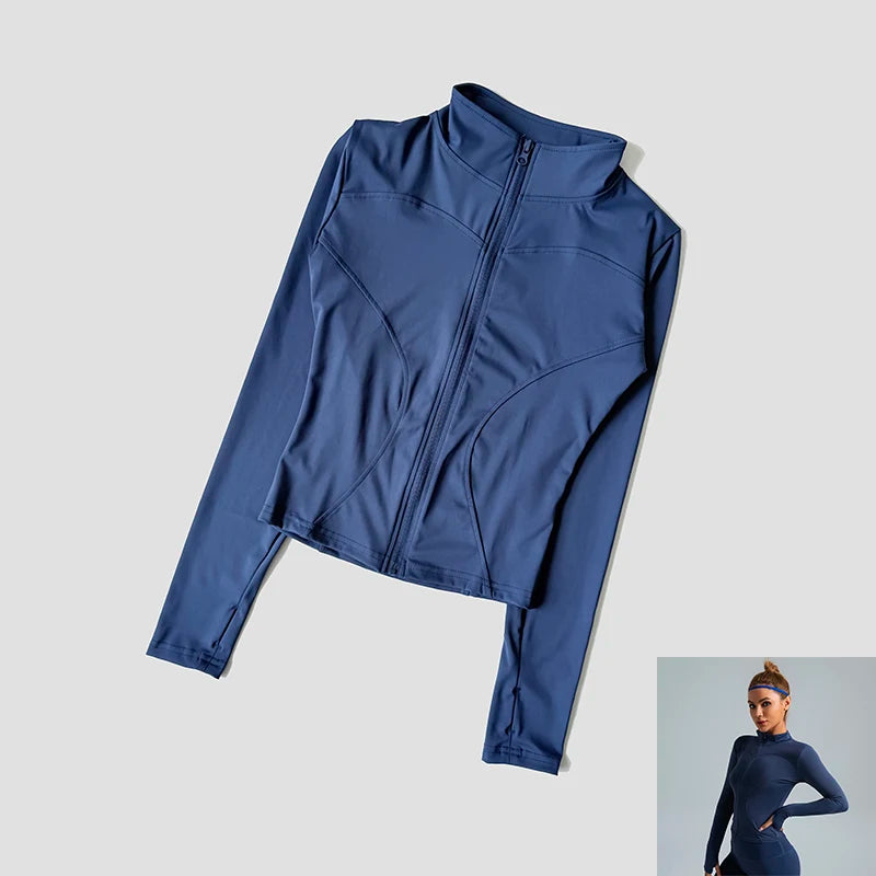 Women Slim Yoga Clothes Quick Dry Zipper Cardigan Stand Up Collar Jacket Outdoor Long Sleeved Running Fitness Sports Top