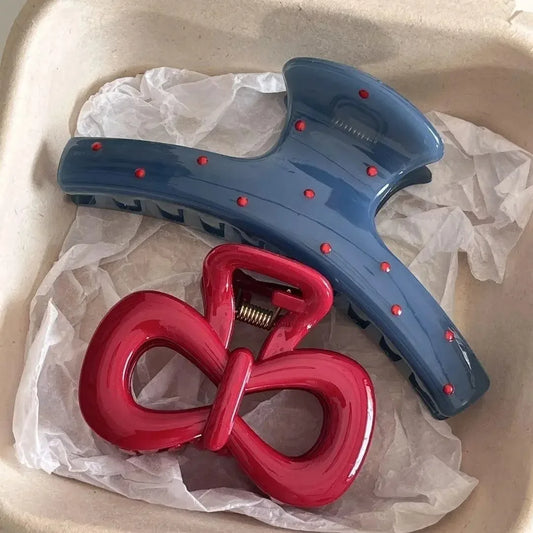 2Pcs/set Vintage Blue  Dot Red Bow Hair Clip Shark Claw Clamp Hairpin Barrette Korean Hair Headwear Accessory For Women