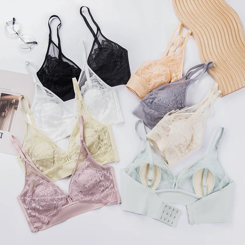 Lace Bras for Women Push Up Bra Non-wire Seamless Brassiere V-Neck Bralette 3/4 Fixed Cup Padded Underwear Sexy Lingerie