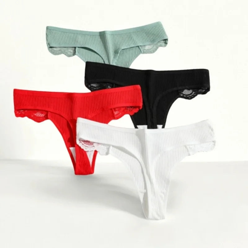 4Pcs/Set Women's Cotton Thongs Sexy Underwear Solid Color Low Waist Panties Breathable Lace Trims G-string Sexy Lingerie