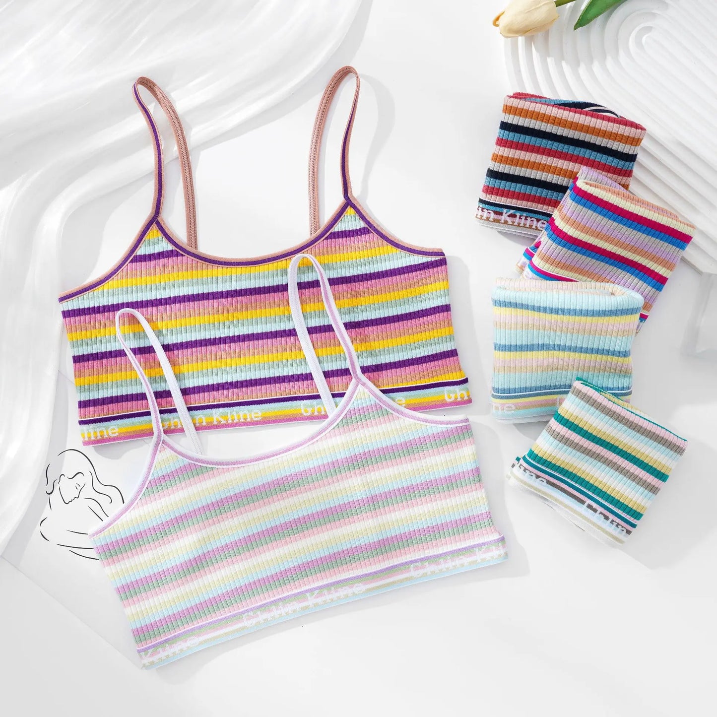 Girls Cotton Bras Female Thin Bralette Small Breast Girl Breathable Bra Colorful Striped Comfort Underwear No Pad Brasieres