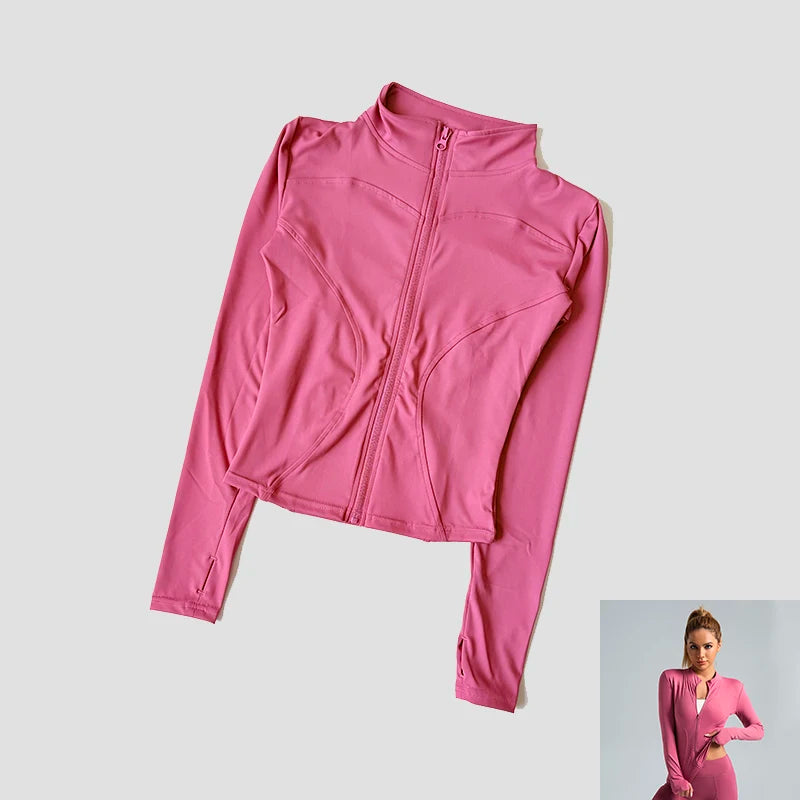 Women Slim Yoga Clothes Quick Dry Zipper Cardigan Stand Up Collar Jacket Outdoor Long Sleeved Running Fitness Sports Top