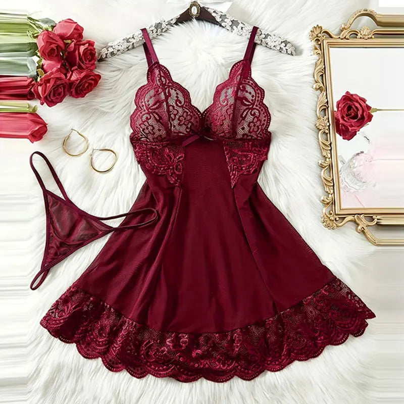 G-string Nightgown Set For Sexy Woman  Ultra-thin See-through Pajama Sets Lace Sleepwear Suspender Lingerie