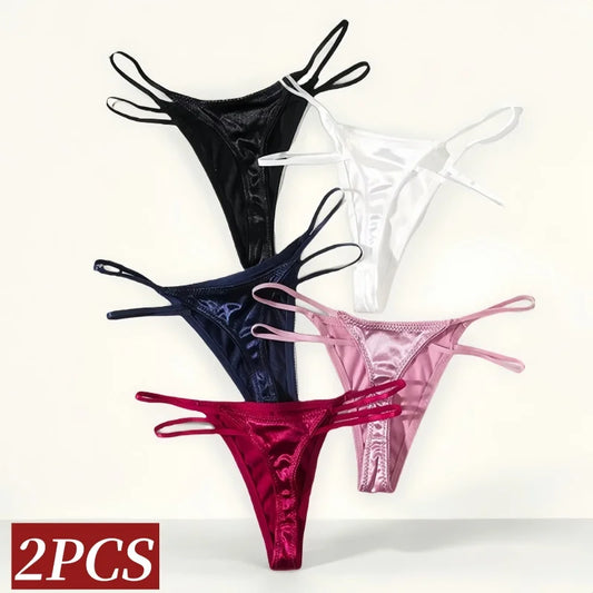 2Pcs/Set Women Panties Low Waist G-string Satin Underwear Female Underpants Solid Color Panty Sexy Lingerie Thongs