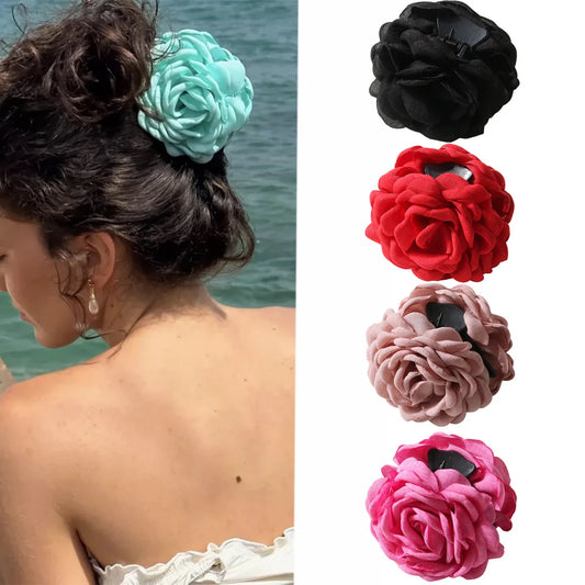 New French Camellia Flower Solid Color Satin Hair Claw Clip for Girls Elegant and Romantic Hairpin Clip Hair Accessories