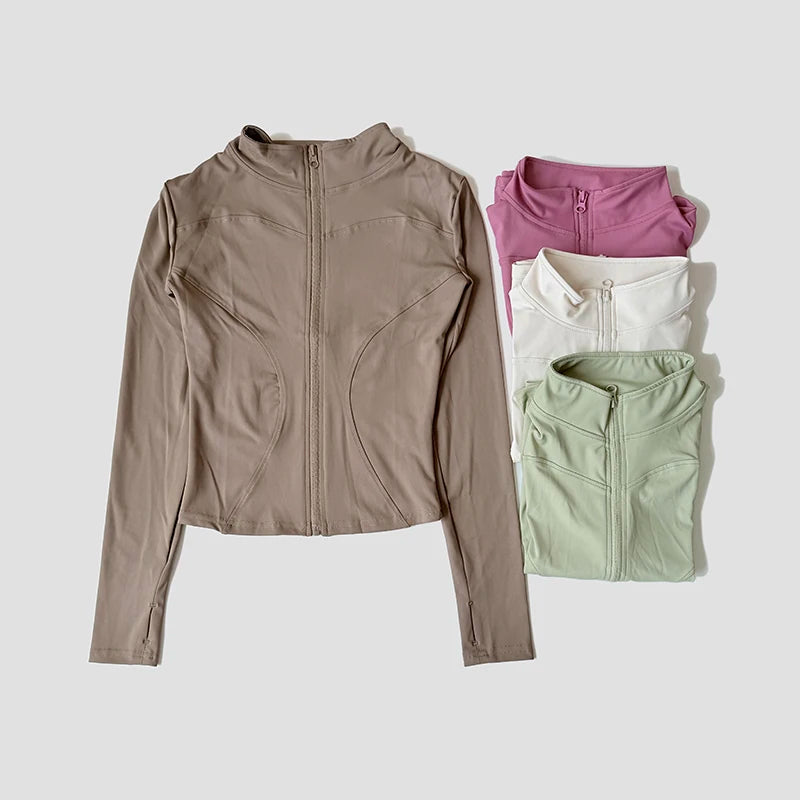 Women Slim Yoga Clothes Quick Dry Zipper Cardigan Stand Up Collar Jacket Outdoor Long Sleeved Running Fitness Sports Top