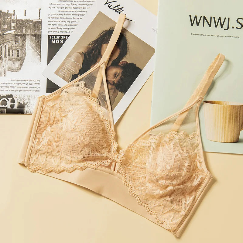 Lace Bras for Women Push Up Bra Non-wire Seamless Brassiere V-Neck Bralette 3/4 Fixed Cup Padded Underwear Sexy Lingerie