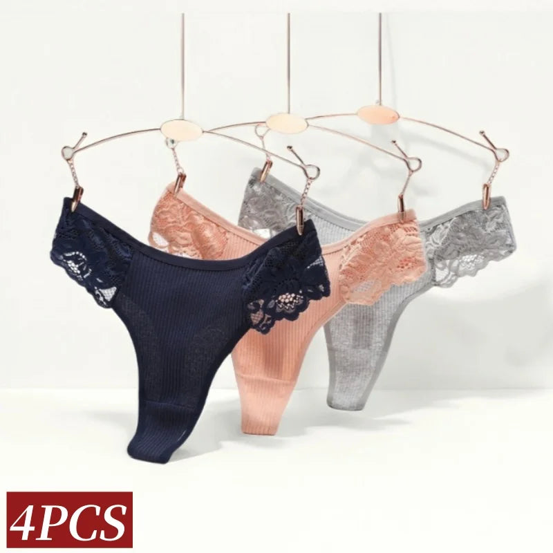 4Pcs/Set Women's Cotton Thongs Sexy Underwear Solid Color Low Waist Panties Breathable Lace Trims G-string Sexy Lingerie