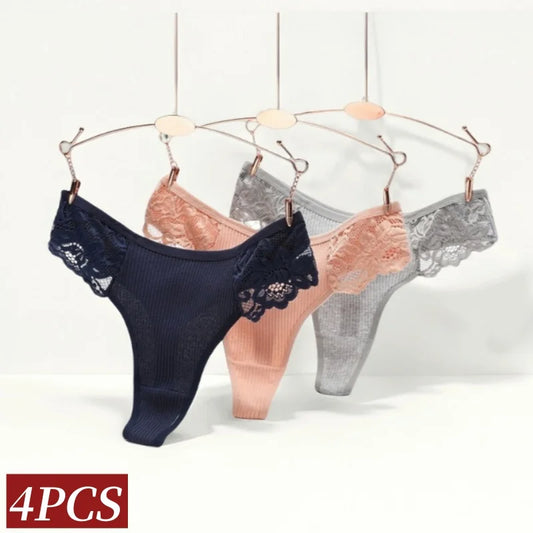 4Pcs/Set Women's Cotton Thongs Sexy Underwear Solid Color Low Waist Panties Breathable Lace Trims G-string Sexy Lingerie