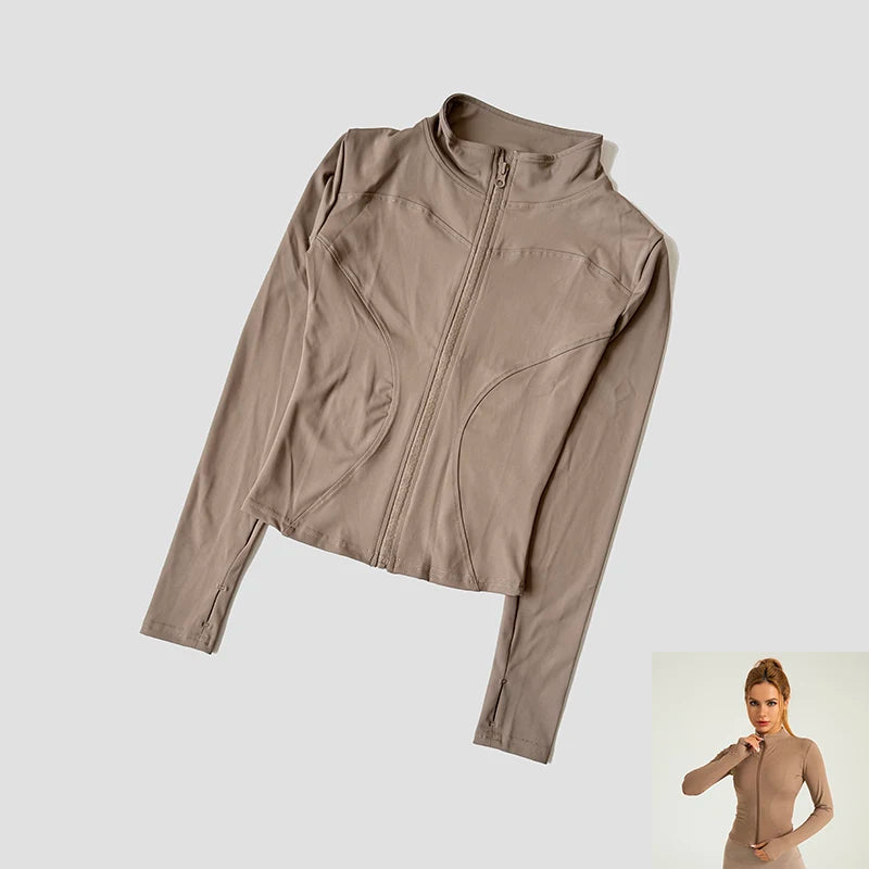 Women Slim Yoga Clothes Quick Dry Zipper Cardigan Stand Up Collar Jacket Outdoor Long Sleeved Running Fitness Sports Top