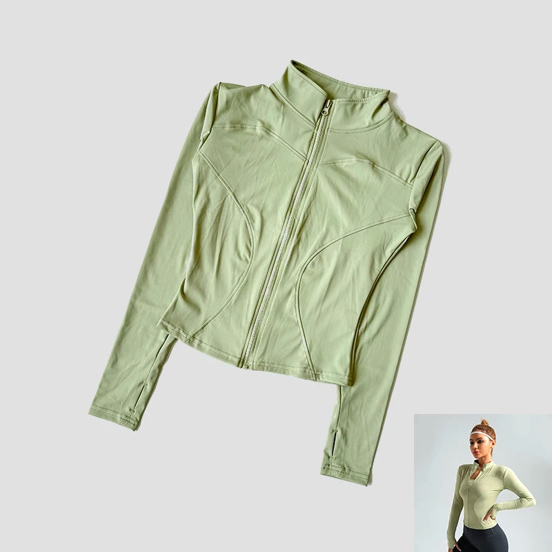 Women Slim Yoga Clothes Quick Dry Zipper Cardigan Stand Up Collar Jacket Outdoor Long Sleeved Running Fitness Sports Top