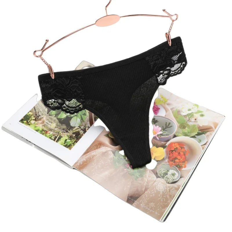 4Pcs/Set Women's Cotton Thongs Sexy Underwear Solid Color Low Waist Panties Breathable Lace Trims G-string Sexy Lingerie