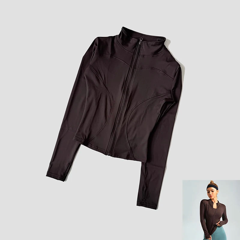 Women Slim Yoga Clothes Quick Dry Zipper Cardigan Stand Up Collar Jacket Outdoor Long Sleeved Running Fitness Sports Top