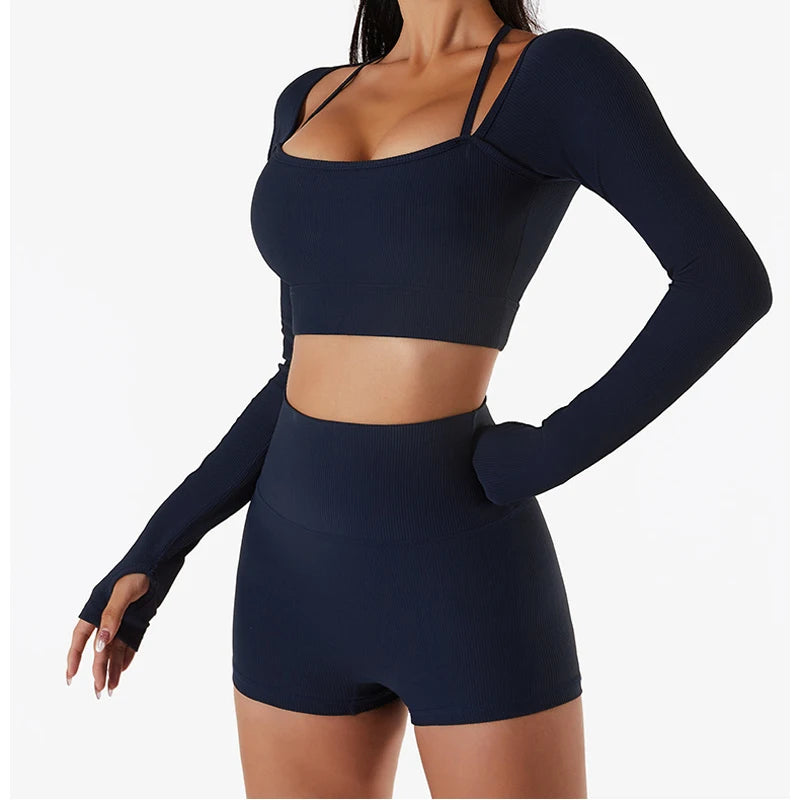 Women's Shirt Seamless Crop Top Fitness Shirts Long Sleeve Sports Top Female Yoga Tops Activewear With Shoulder Strap