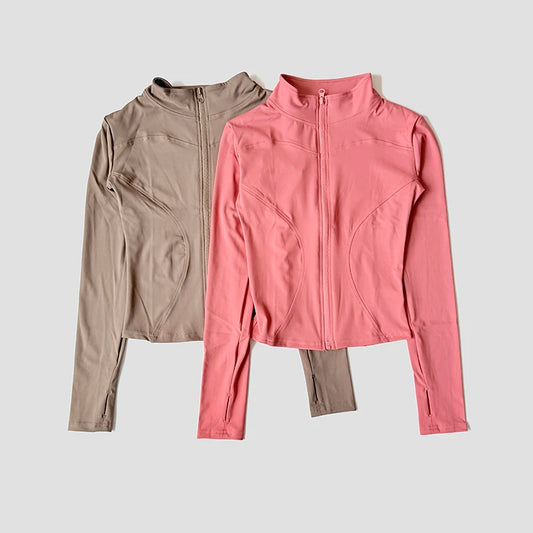 Women Slim Yoga Clothes Quick Dry Zipper Cardigan Stand Up Collar Jacket Outdoor Long Sleeved Running Fitness Sports Top