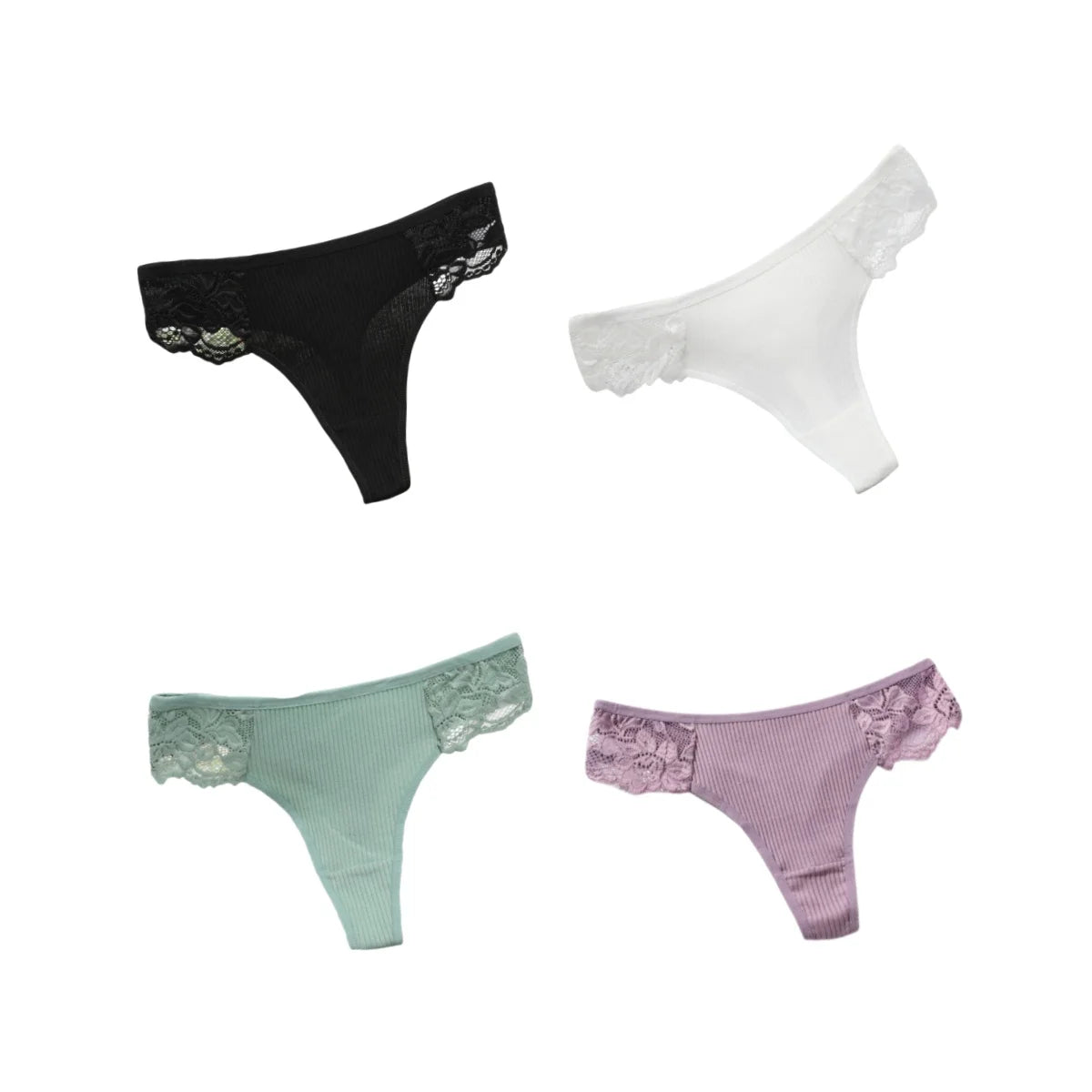 4Pcs/Set Women's Cotton Thongs Sexy Underwear Solid Color Low Waist Panties Breathable Lace Trims G-string Sexy Lingerie