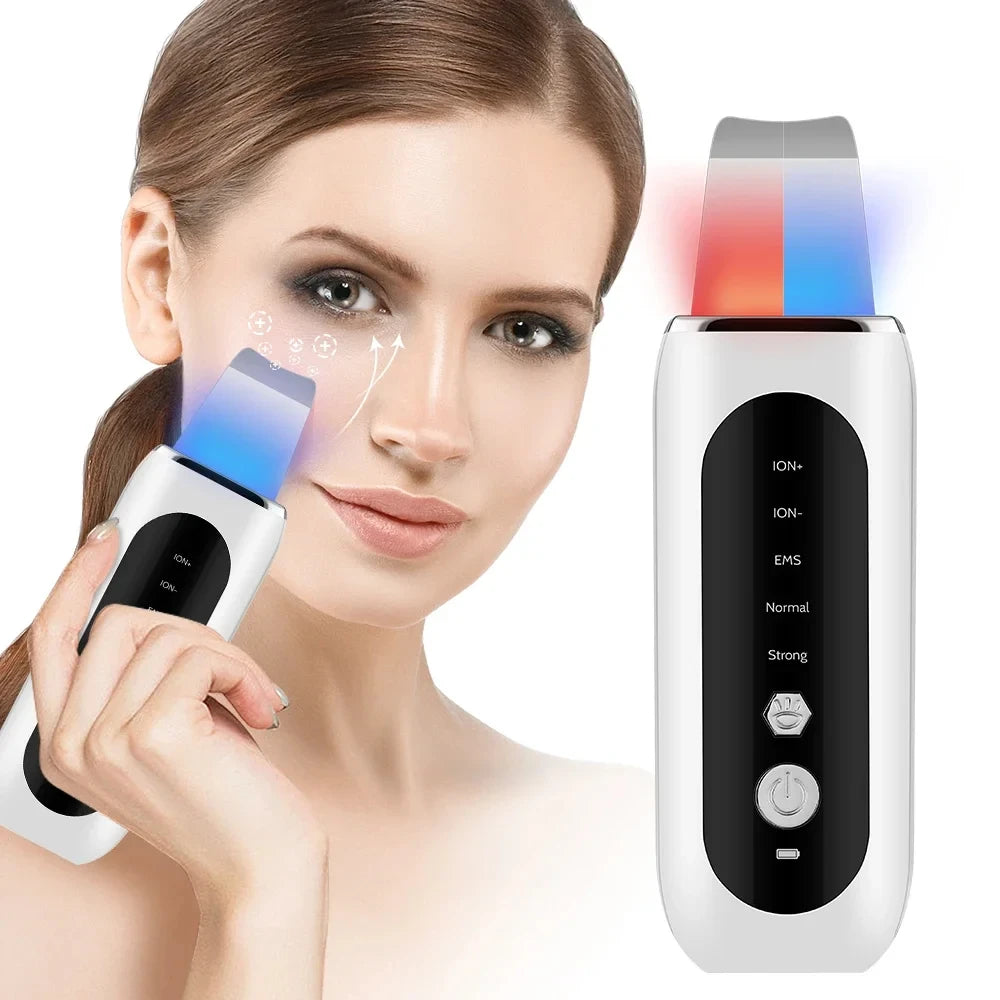 Beauty Product Facial Lift Deep Face Cleaning Red Blue Light Electric Dead Ultrasonic Face Sonic Skin Scrubber Spatula