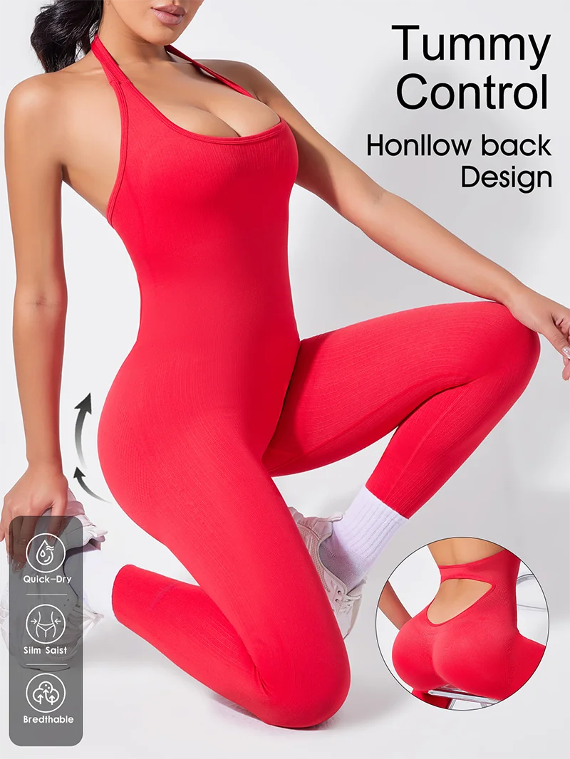 Sexy Women Bodysuits Fitness Sports Yoga Suit Halter Breathable Quick Drying Rompers Women's Gym Set Push Up Workout Jumpsuit