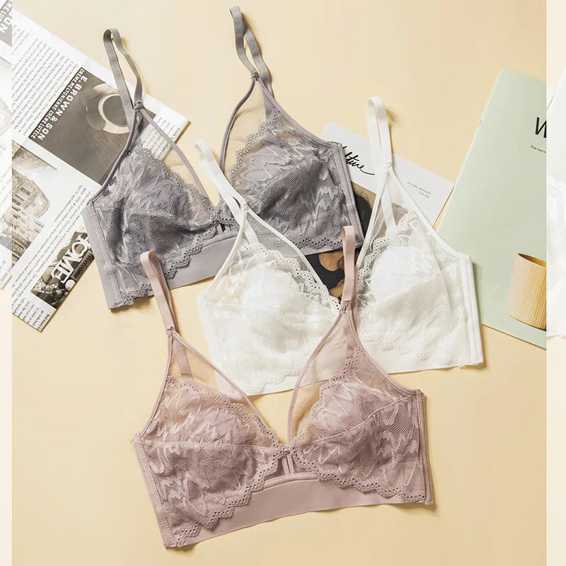 Lace Bras for Women Push Up Bra Non-wire Seamless Brassiere V-Neck Bralette 3/4 Fixed Cup Padded Underwear Sexy Lingerie