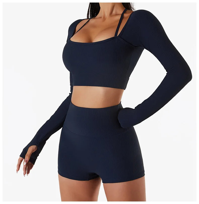 Women's Shirt Seamless Crop Top Fitness Shirts Long Sleeve Sports Top Female Yoga Tops Activewear With Shoulder Strap