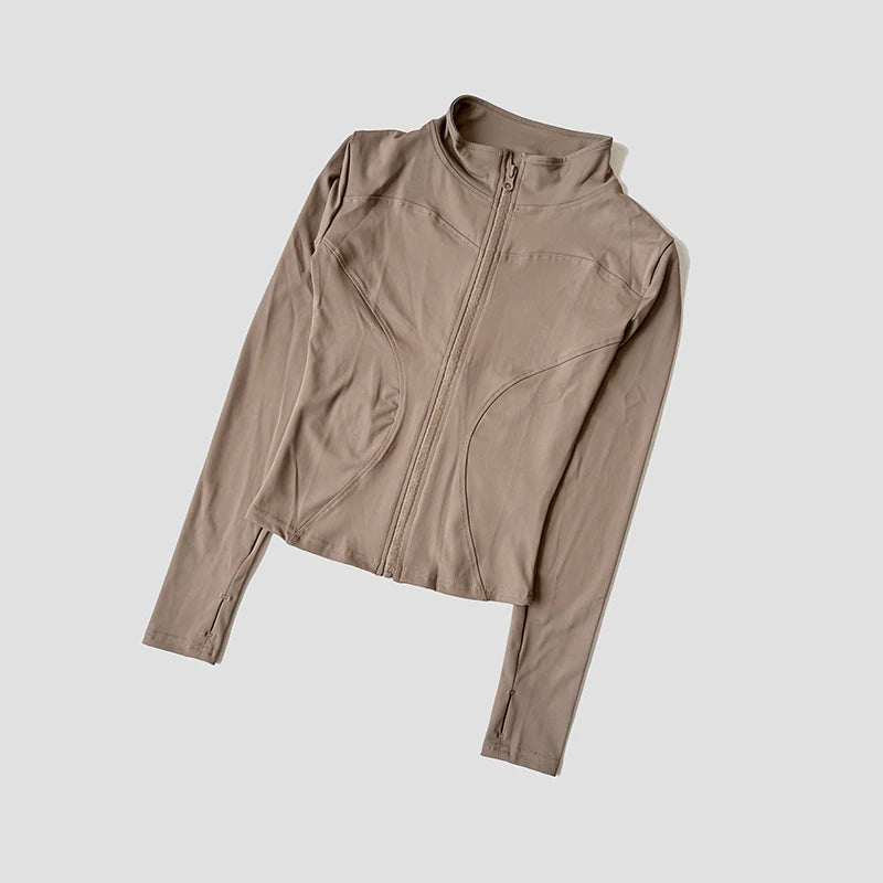 Women Slim Yoga Clothes Quick Dry Zipper Cardigan Stand Up Collar Jacket Outdoor Long Sleeved Running Fitness Sports Top