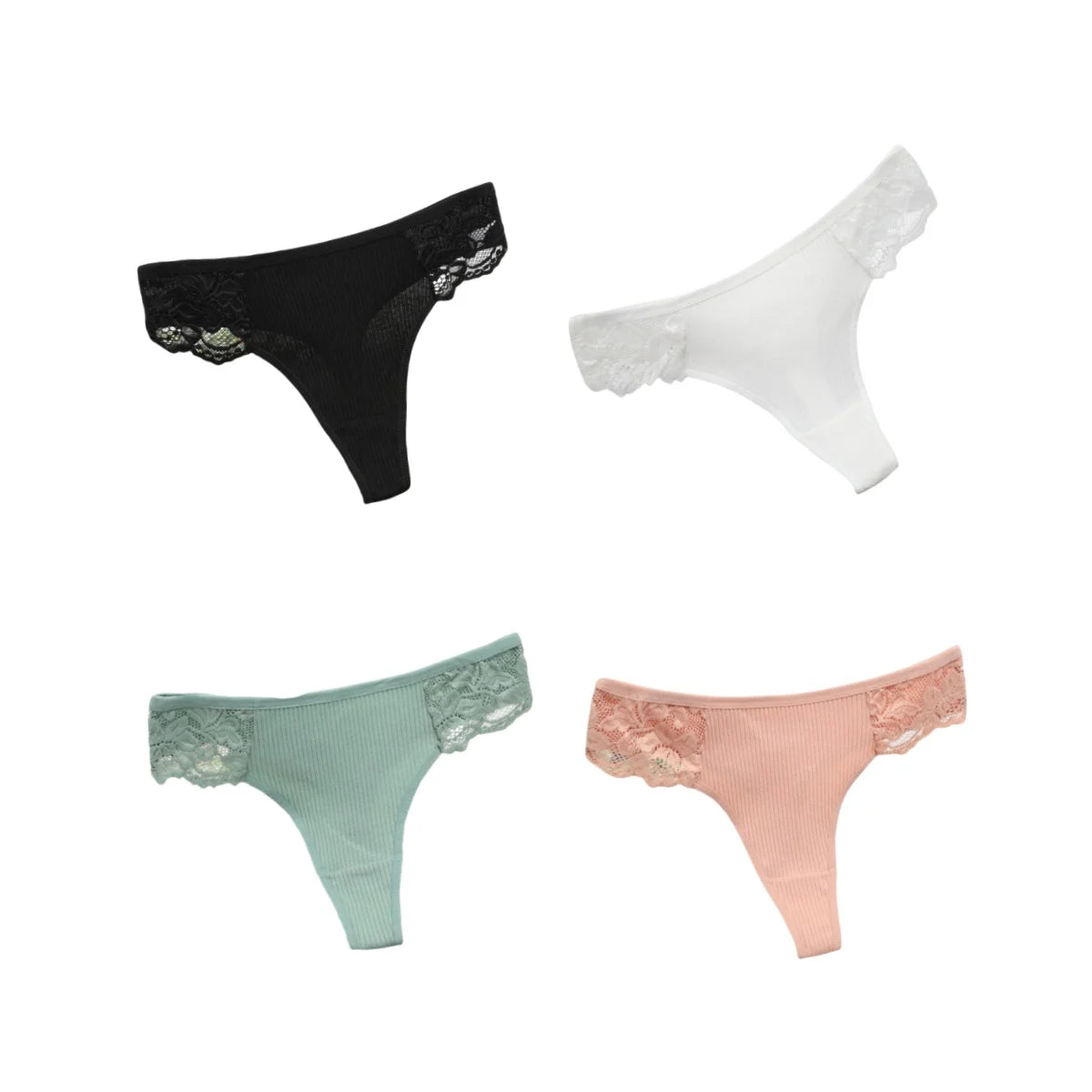 4Pcs/Set Women's Cotton Thongs Sexy Underwear Solid Color Low Waist Panties Breathable Lace Trims G-string Sexy Lingerie