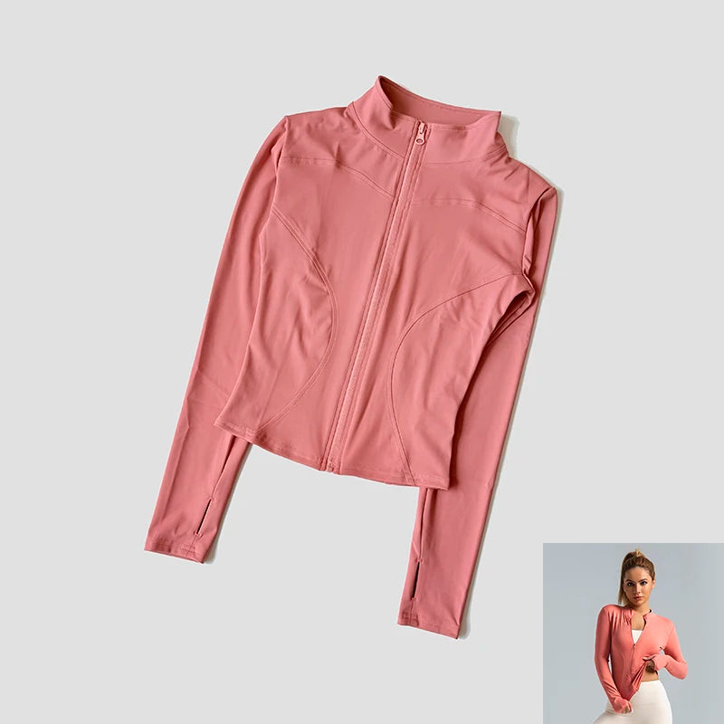 Women Slim Yoga Clothes Quick Dry Zipper Cardigan Stand Up Collar Jacket Outdoor Long Sleeved Running Fitness Sports Top