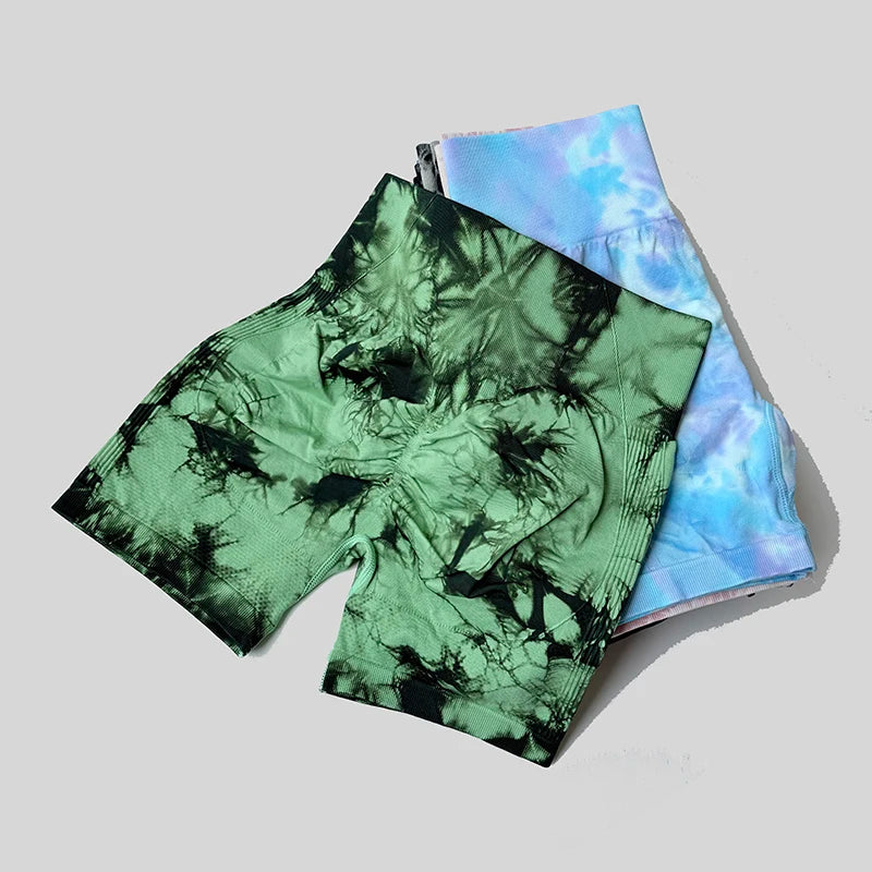 Yoga Shorts For Women Sports Tie Dye Seamless Cycling Running Shorts High Waisted Sports Workout Gym Fitness Shorts