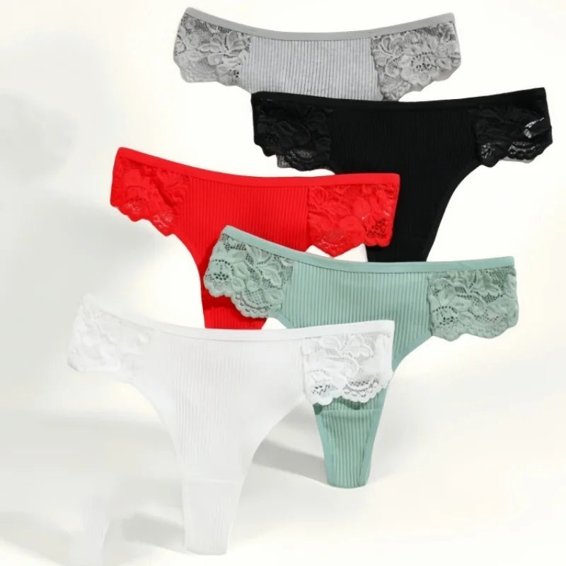 4Pcs/Set Women's Cotton Thongs Sexy Underwear Solid Color Low Waist Panties Breathable Lace Trims G-string Sexy Lingerie