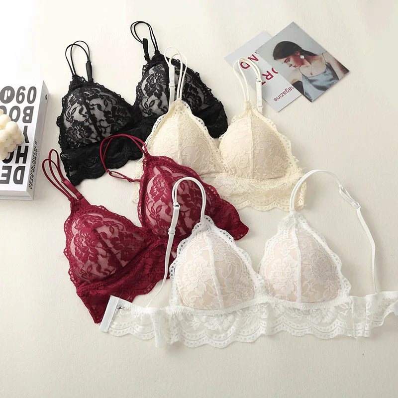 Lace Transparent Bra Women Non-wire Bralette Small Cup Push Up Bras Sexy Backless Lingerie French Underwear Padded Brassiere