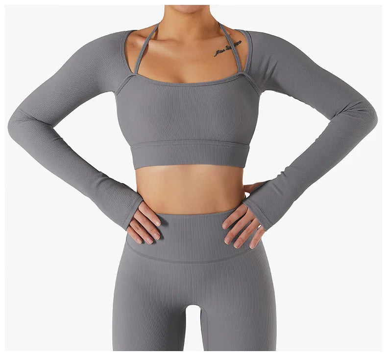 Women's Shirt Seamless Crop Top Fitness Shirts Long Sleeve Sports Top Female Yoga Tops Activewear With Shoulder Strap