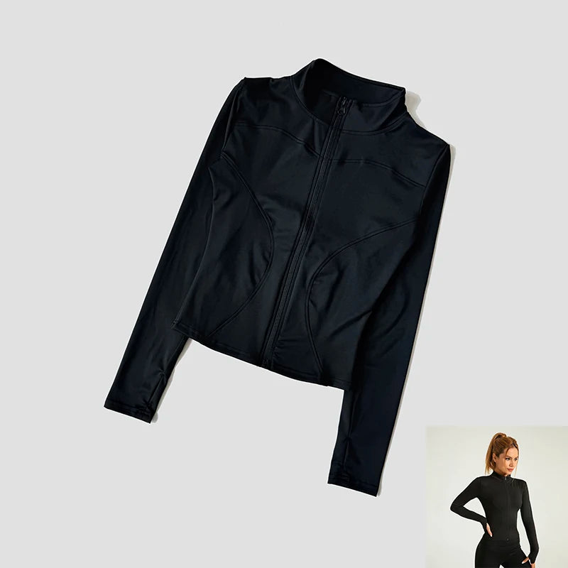 Women Slim Yoga Clothes Quick Dry Zipper Cardigan Stand Up Collar Jacket Outdoor Long Sleeved Running Fitness Sports Top