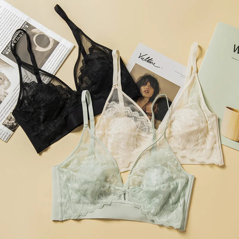 Lace Bras for Women Push Up Bra Non-wire Seamless Brassiere V-Neck Bralette 3/4 Fixed Cup Padded Underwear Sexy Lingerie