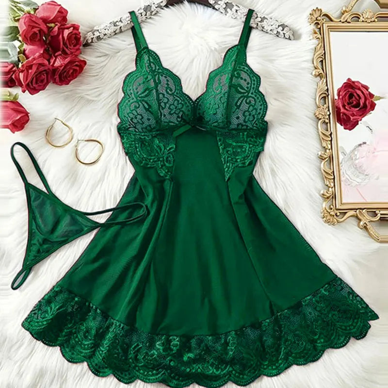 G-string Nightgown Set For Sexy Woman  Ultra-thin See-through Pajama Sets Lace Sleepwear Suspender Lingerie
