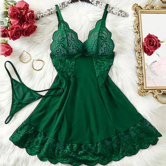G-string Nightgown Set For Sexy Woman  Ultra-thin See-through Pajama Sets Lace Sleepwear Suspender Lingerie