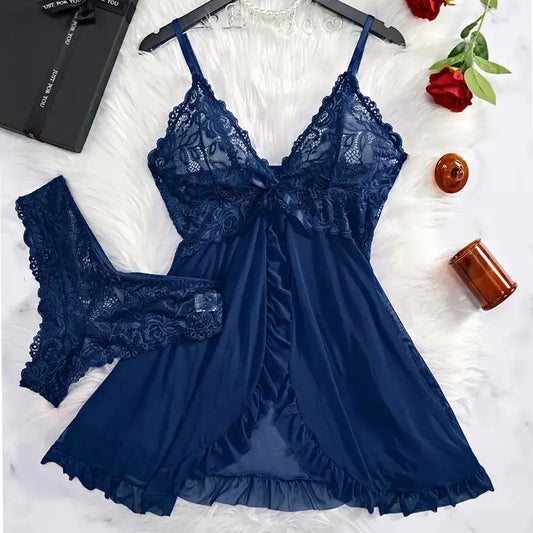 Ice Silk Thin Halter Sexy Pajamas Lace Nightdress And Thong Sets Plus Size Nightwear Women Underwear Sleepwear Transparent Dress