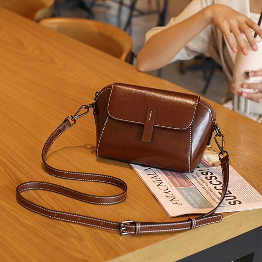 Vintage Black Genuine Leather Shoulder Bag for Women - Adjustable Detachable Strap, Zipper & Magnetic Closure, Compact Crossbody Handbag for Phone & Essentials, Retro Style.