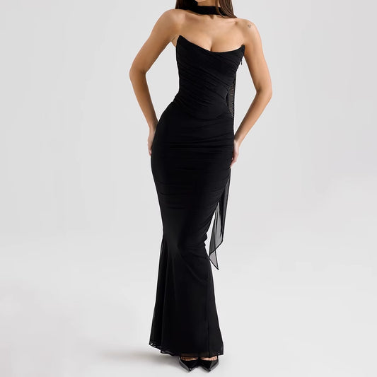 Elegant Mesh Patchwork Women's Strapless Top Vest Slim Sleeveless Long Skirt Temperament Party Evening Dress