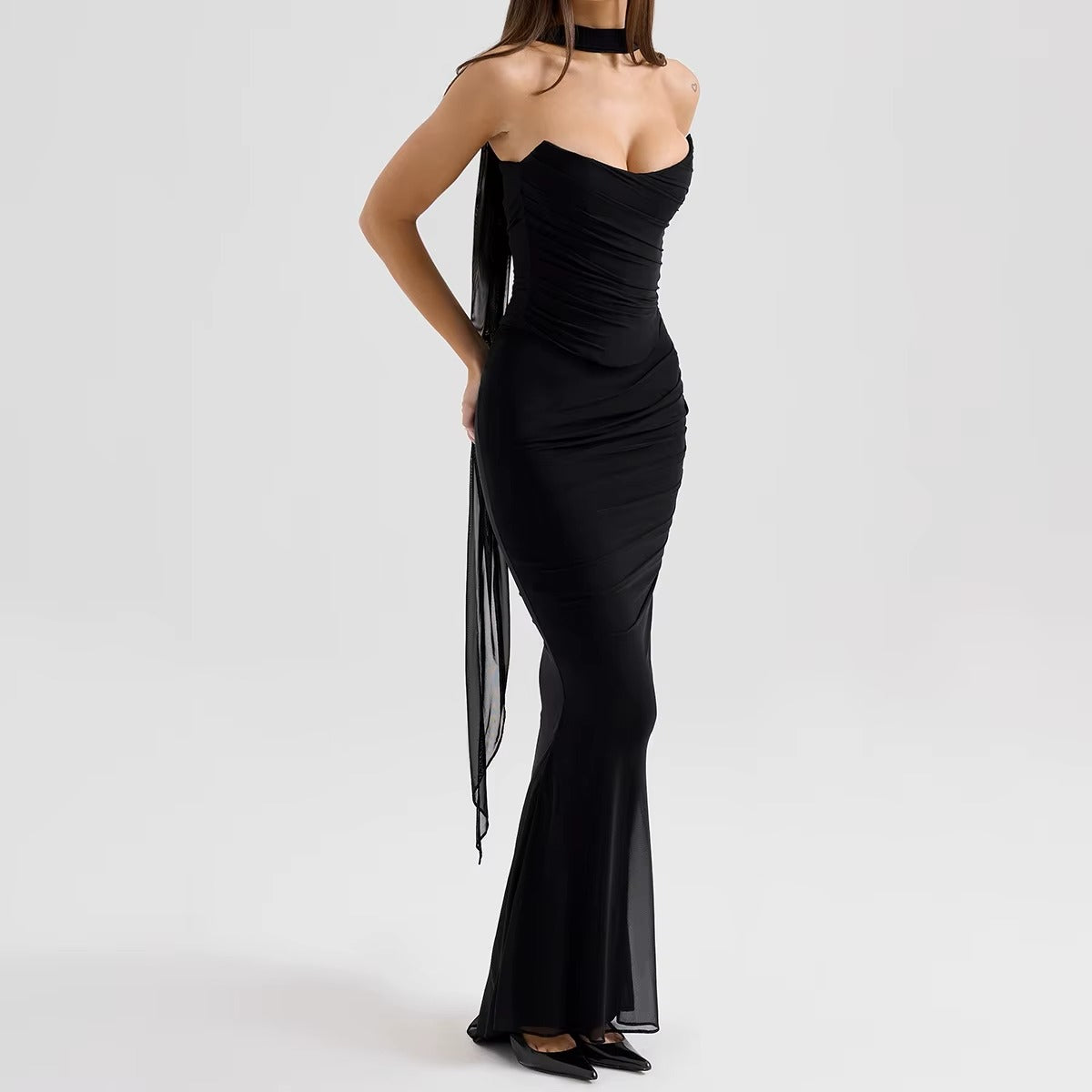 Elegant Mesh Patchwork Women's Strapless Top Vest Slim Sleeveless Long Skirt Temperament Party Evening Dress