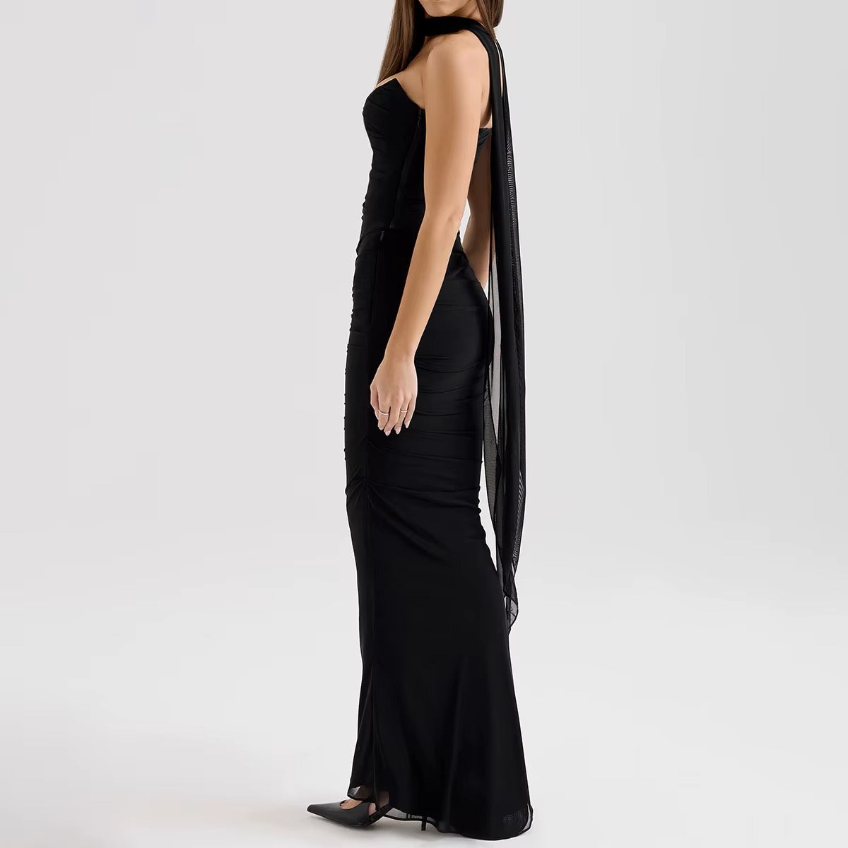 Elegant Mesh Patchwork Women's Strapless Top Vest Slim Sleeveless Long Skirt Temperament Party Evening Dress