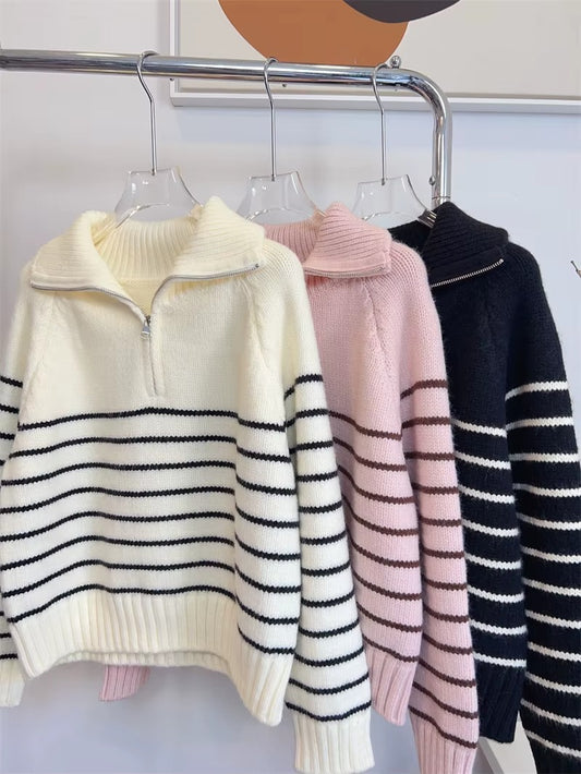 2025 Autumn Winter Casual Style New Loose Long Sleeve Pullover Sweater with Striped Half Zipper Lapel Front Logo Knit Sweater