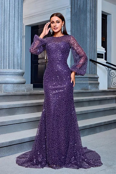 High Quality Luxury Rhinestone Dress Women Shiny Long Sleeved Solid Color Sparkling Temperament Long Dress