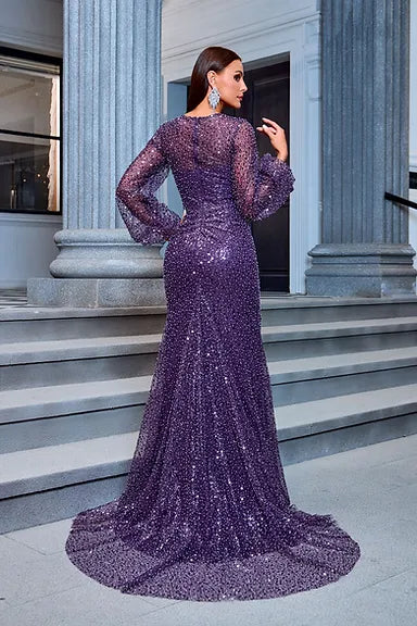 High Quality Luxury Rhinestone Dress Women Shiny Long Sleeved Solid Color Sparkling Temperament Long Dress