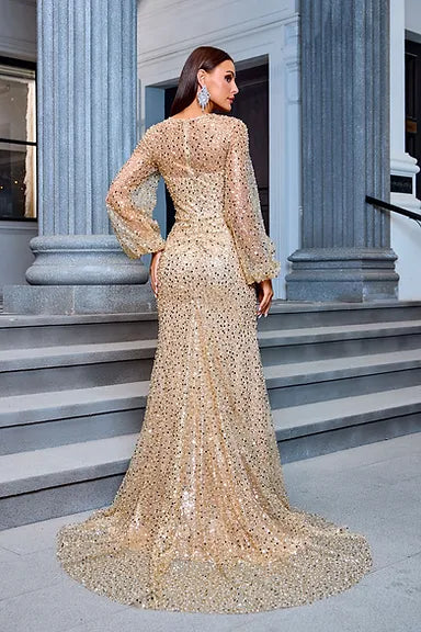 High Quality Luxury Rhinestone Dress Women Shiny Long Sleeved Solid Color Sparkling Temperament Long Dress