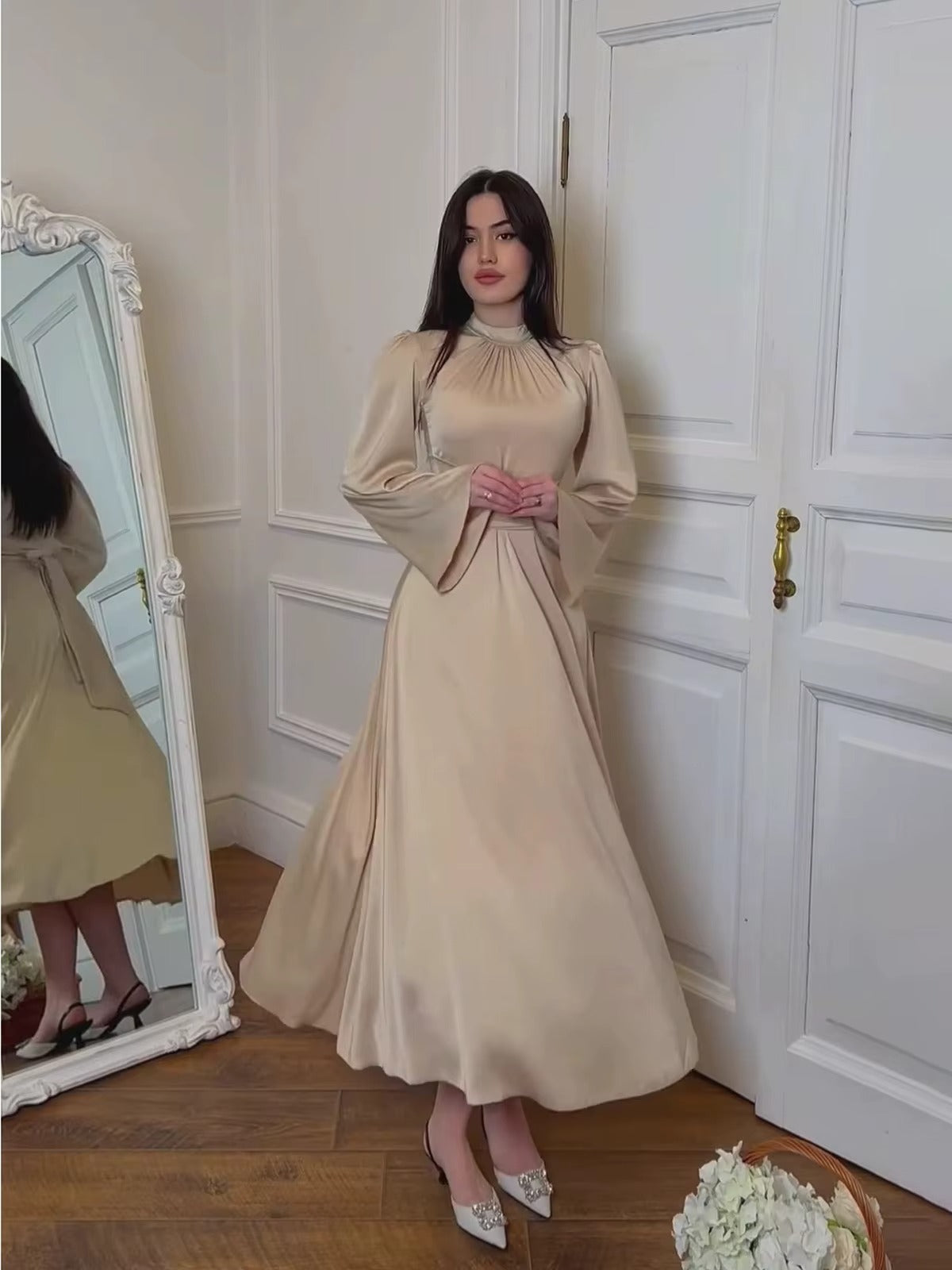 2025 Solid Color Satin Modest Dress Strap Waist Casual Muslim Dress Women Luxury Evening Abaya Dress