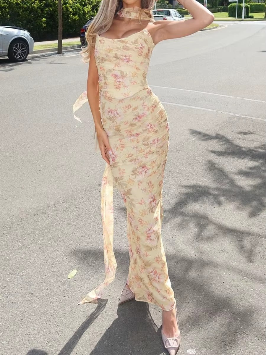 Elegant Mesh Patchwork Women's Strapless Top Vest Slim Sleeveless Long Skirt Temperament Party Evening Dress