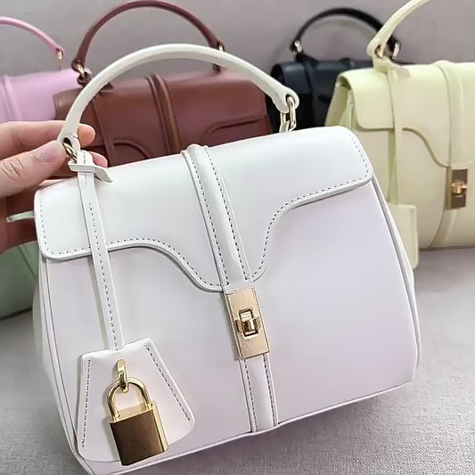 Premium Feel Women's Genuine Leather Tote Bag Vintage Dress Rock Style One Shoulder Crossbody Lock Button Handheld for Summer