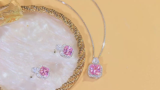 Discover Charming Real 925 Sterling Silver Cubic Zirconia Jewelry Set Pink CZ Square Pendant Earrings Jewelry Set for Women Banquet