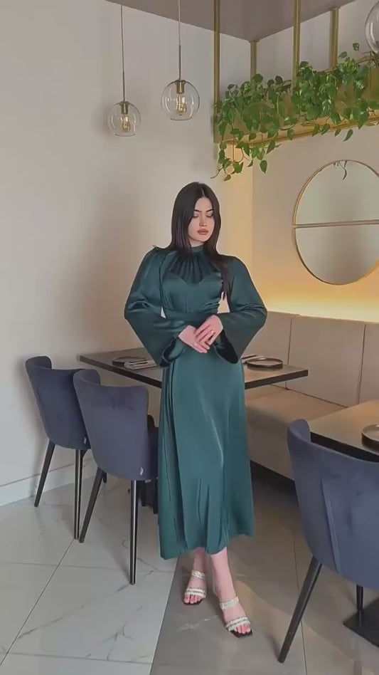 2025 Solid Color Satin Modest Dress Strap Waist Casual Muslim Dress Women Luxury Evening Abaya Dress