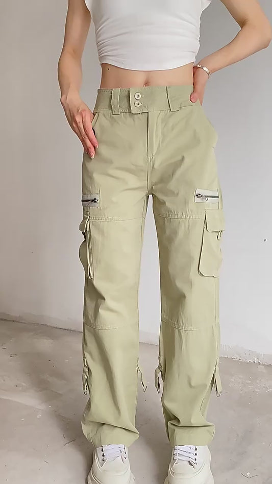 Girls Cargo Long Pants Cotton Pockets Europe Straight Wide Leg Pants Fashion Multi-pocket Retro Trousers Casual Cargo Pants
